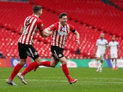 Sunderland's Lynden Gooch scores against Tranmere Rovers in the EFL Trophy final on March 14, 2021