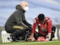 Manchester United forward Marcus Rashford gets treatment for an injury on March 7, 2021