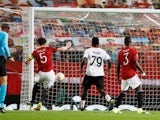 Manchester United's Harry Maguire misses an open goal against AC Milan in the Europa League on March 11, 2021
