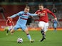 West Ham United's Jarrod Bowen in action with Manchester United's Luke Shaw in the Premier League on March 14, 2021