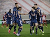 Arsenal's Mohamed Elneny celebrates scoring against Olympiacos in the Europa League on March 11, 2021