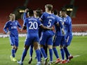 Rangers' Filip Helander celebrates scoring against Slavia Prague in the Europa League on March 11, 2021