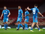 Olympiacos' Youssef El-Arabi celebrates scoring against Arsenal in the Europa League on March 18, 2021