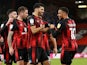 Bournemouth's Dominic Solanke celebrates with teammates after Swansea City's Joel Latibeaudiere scored an own goal in the Championship on March 16, 2021