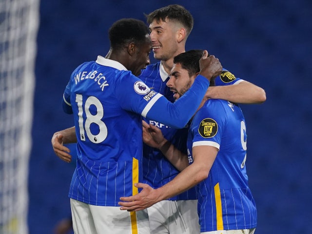 Brighton & Hove Albion's Neal Maupay celebrates scoring their third goal against Newcastle United in the Premier League on March 20, 2021