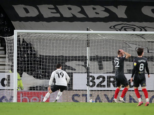 Derby County's Lee Gregory scores their first goal against Brentford in the Championship on March 16, 2021