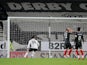 Derby County's Lee Gregory scores their first goal against Brentford in the Championship on March 16, 2021