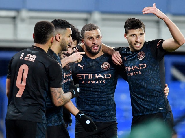 Ilkay Gundogan celebrates scoring for Manchester City against Everton in the FA Cup on March 20, 2021
