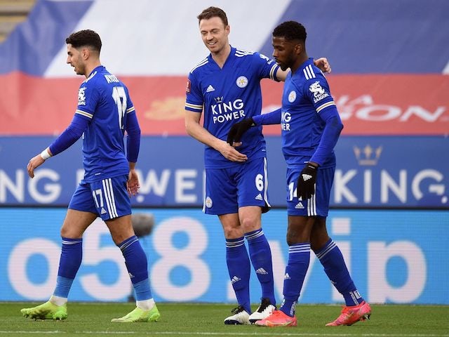 Leicester City's Kelechi Iheanacho celebrates scoring against Manchester United in the FA Cup on March 21, 2021