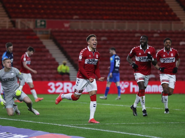 Middlesbrough's Marcus Tavernier celebrates scoring their second goal against Preston North End in the Championship on March 16, 2021