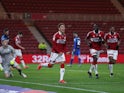 Middlesbrough's Marcus Tavernier celebrates scoring their second goal against Preston North End in the Championship on March 16, 2021