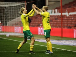 Norwich City's Teemu Pukki celebrates scoring against Nottingham Forest in the Championship on March 17, 2021