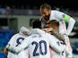 Real Madrid's Karim Benzema celebrates scoring their first goal against Atalanta in the Champions League on March 16, 2021