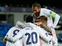 Real Madrid's Karim Benzema celebrates scoring their first goal against Atalanta in the Champions League on March 16, 2021