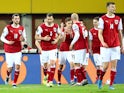 Austria's Christoph Baumgartner celebrates scoring their second goal with teammates on March 28, 2021