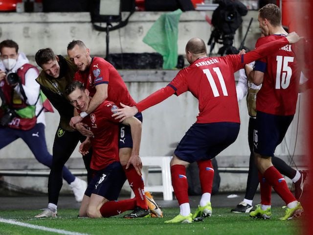 Czech Republic's Lukas Provod celebrates scoring their first goal with teammates on March 27, 2021