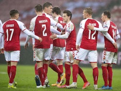 Denmark's Mathias Jensen celebrates scoring their fifth goal with teammates on March 28, 2021