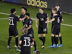 Germany's Kai Havertz celebrates scoring their second goal with teammates pictured on March 25, 2021