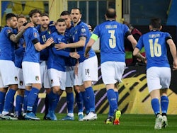 Italy's Domenico Berardi celebrates scoring their first goal with teammates on March 25, 2021