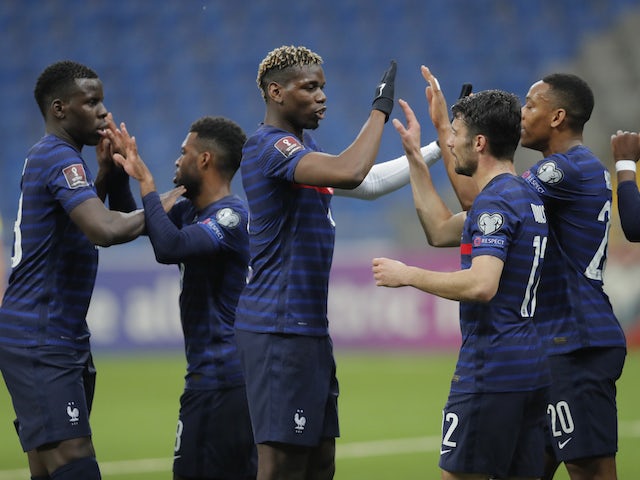 France players celebrate Ousmane Dembele's goal against Kazakhstan on March 28, 2021