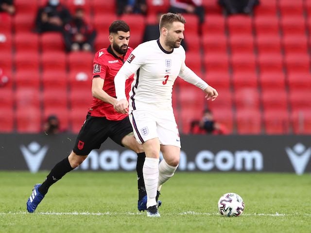 England's Luke Shaw in action with Albania's Elseid Hysaj on March 28, 2021