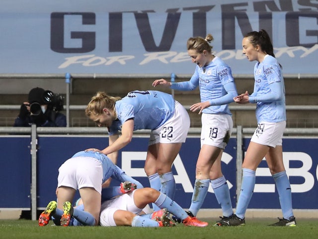 Manchester City's Chloe Kelly celebrates scoring their first goal against Reading in the Women's Super League on March 27, 2021