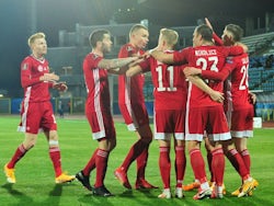 Hungary's Roland Sallai celebrates scoring their second goal with teammates on March 28, 2021