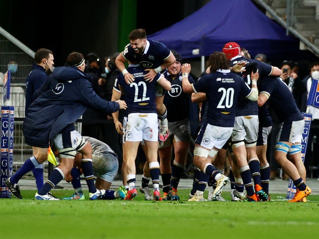 Scotland celebrate beating France in the Six Nations on March 26, 2021