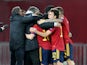 Spain players celebrate their second goal scored by Dani Olmo on March 28, 2021