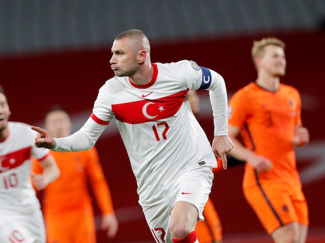 Turkey's Burak Yilmaz celebrates scoring against the Netherlands on March 24, 2021
