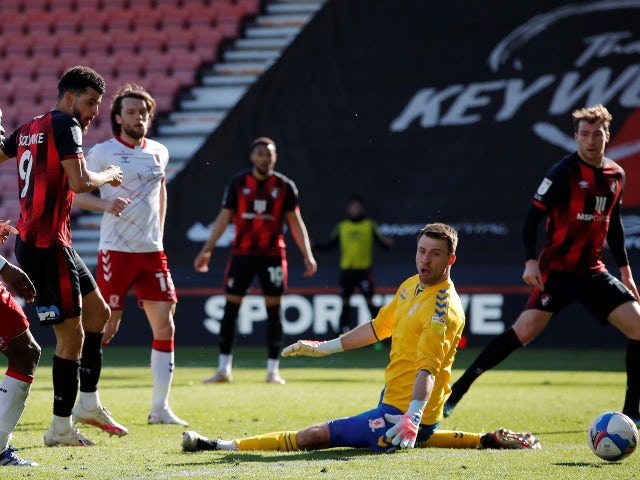 Bournemouth's Dominic Solanke scores their third goal against Middlesbrough in the Championship on April 2, 2021