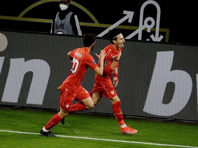 North Macedonia's Eljif Elmas celebrates scoring against Germany on March 31, 2021
