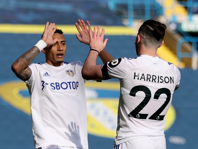 Leeds United's Raphinha and Jack Harrison celebrate their second goal against Sheffield United in the Premier League on April 3, 2021