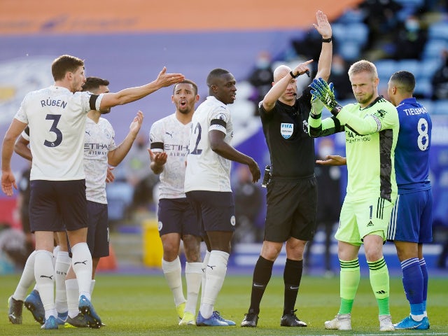 Leicester City and Manchester City players react after Fernandinho's goal is disallowed in the Premier League on April 3, 2021