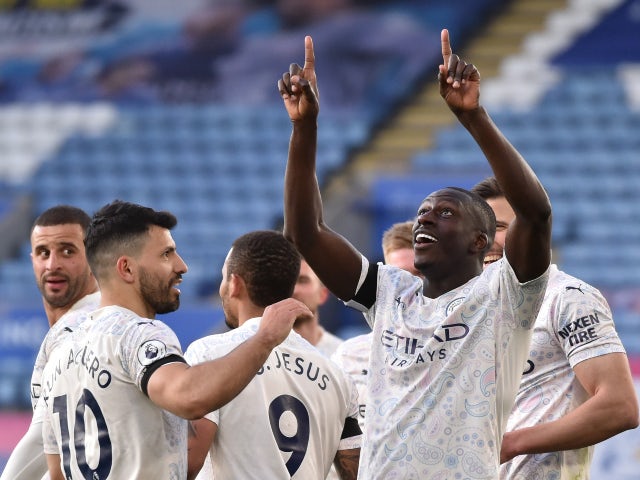 Benjamin Mendy celebrates scoring for Manchester City against Leicester City in the Premier League on April 3, 2021