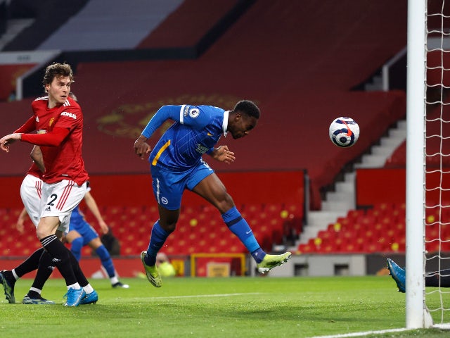 Danny Welbeck scores for Brighton & Hove Albion against Manchester United in the Premier League on April 4, 2021