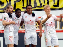 Nimes Olympique's Renaud Ripart celebrates scoring their second goal against Lille in March 2021