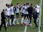 Preston North End's Brad Potts celebrates with teammates after scoring against Norwich City in the Championship on April 2, 2021