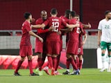 Qatar's Mohammed Muntari celebrates scoring their first goal against Ireland on March 30, 2021