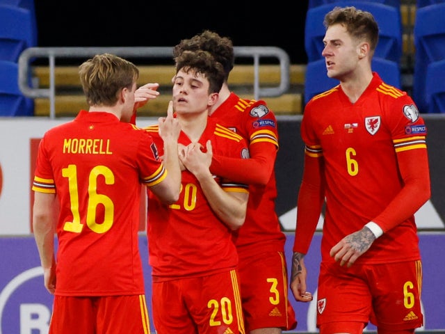 Wales' Daniel James celebrates scoring their first goal against the Czech Republic in World Cup Qualifying on March 30, 2021