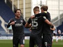 Brentford's Marcus Forss celebrates scoring their second goal with teammates on April 10, 2021
