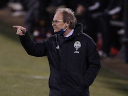 Seattle Sounders head coach Brian Schmetzer against the Columbus Crew in the first half during the 2020 MLS Cup Final at MAPFRE Stadium in December 2020