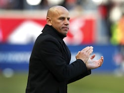 New York Red Bulls head coach Chris Armas reacts after a goal against FC Cincinnati during the second half at Red Bull Arena in March 2020