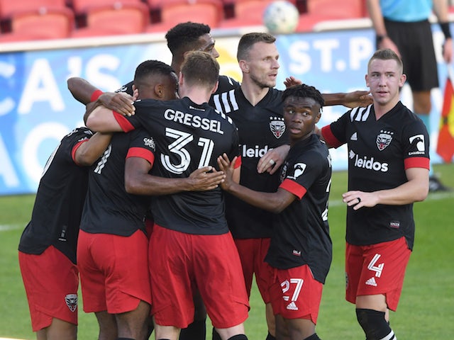 DC United celebrate their second goal in the first half against the Montreal Impact at Audi Field in November 2020