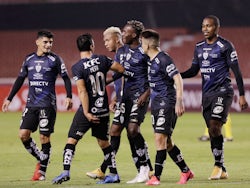 Independiente del Valle's Beder Caicedo celebrates scoring their fifth goal with teammates in September 2020