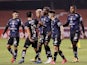 Independiente del Valle's Beder Caicedo celebrates scoring their fifth goal with teammates in September 2020