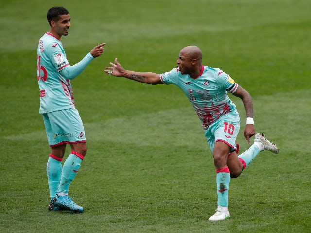 Swansea City's Andre Ayew celebrates scoring their first goal  against Millwall in the Championship on April 10, 2021