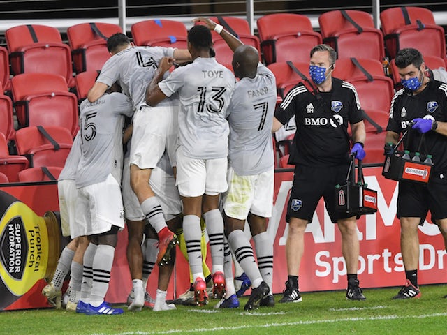 Montreal Impact celebrate the team's winning goal against the D.C. United in the second half at Audi Field in November 2020