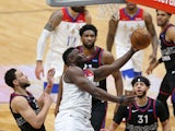 New Orleans Pelicans forward Zion Williamson attempts a shot in the third quarter against the Philadelphia 76ers on April 10, 2021