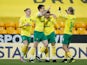 Norwich City's Jordan Hugill celebrates scoring their seventh goal against Huddersfield Town in the Championship on April 6, 2021